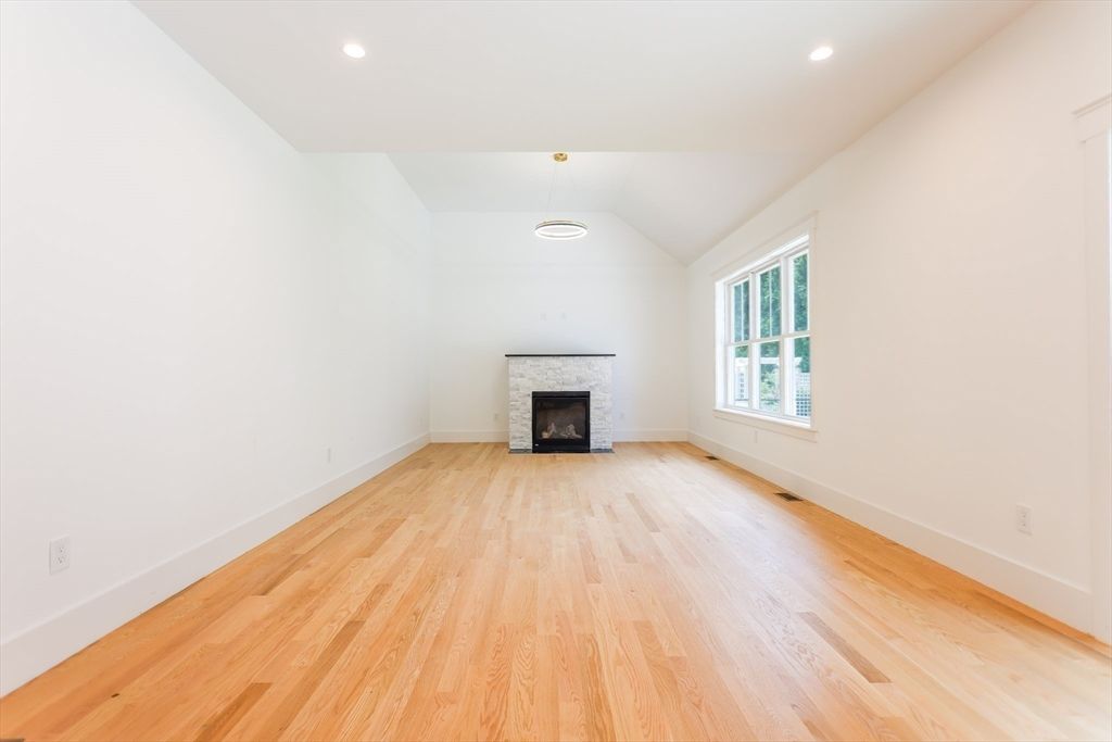Empty room, Fireplace, Interior, Recessed Lighting, Wood Texture Flooring
