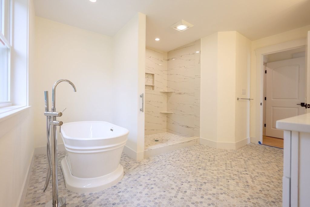 Bathroom, Free Standing Baths, Glass Shower, Interior, Marble Walls, Recessed Lighting