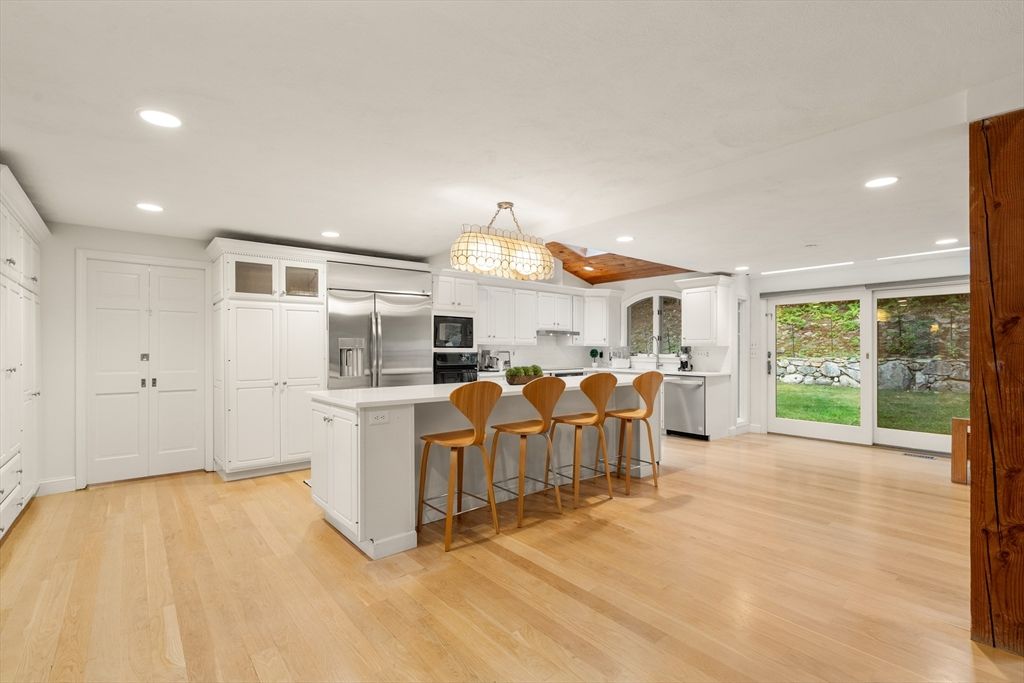 Chandelier, Interior, Kitchen, Recessed Lighting, Stainless Steel Appliances, Wood Texture Flooring