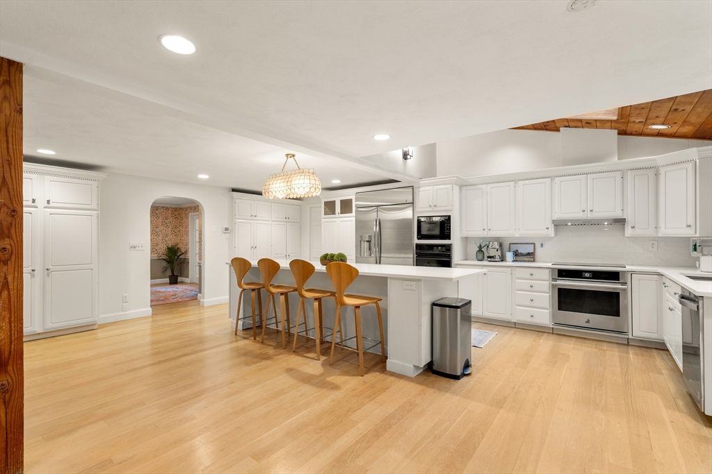 Chandelier, Interior, Kitchen, Recessed Lighting, Stainless Steel Appliances, Wooden Ceilings, Wood Texture Flooring