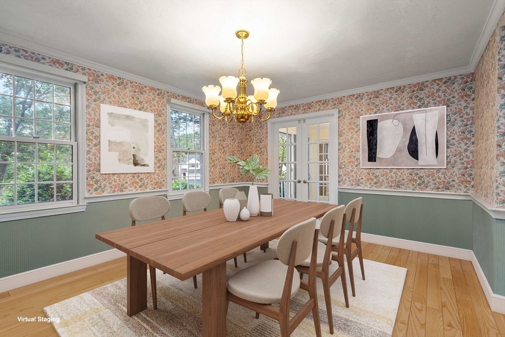 Chandelier, Dining room, Interior, Wood Texture Flooring