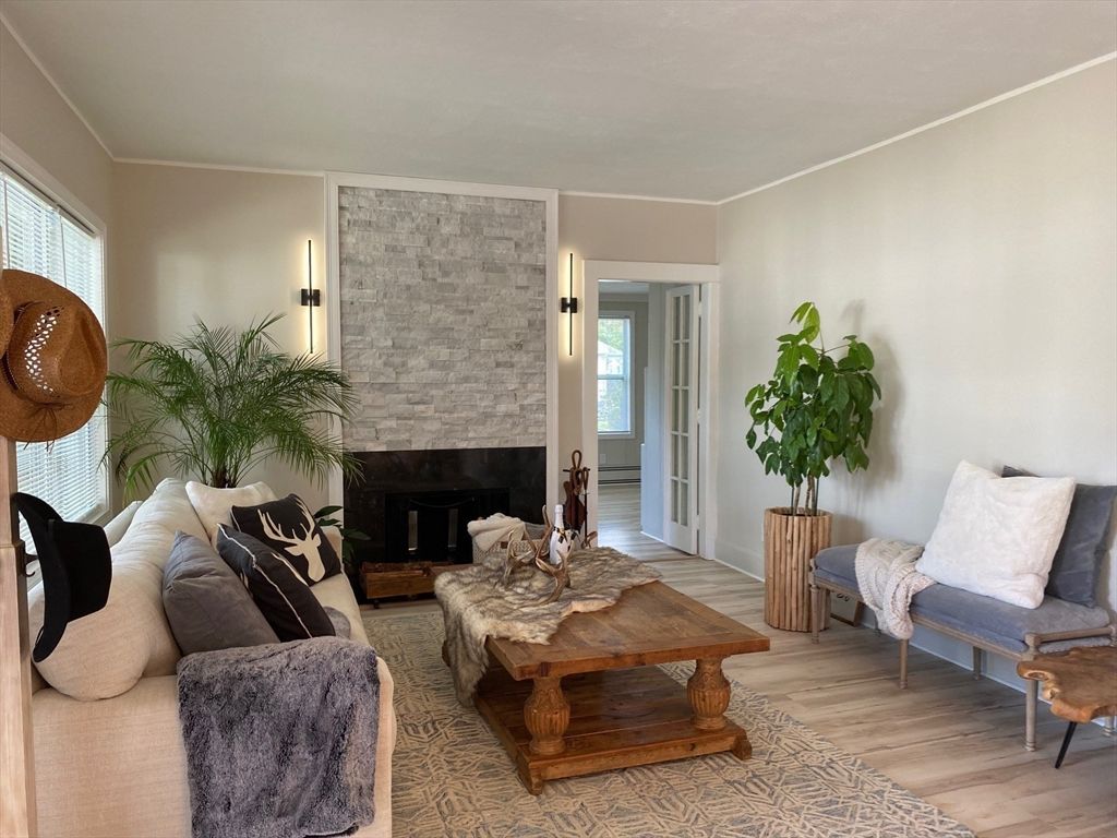 Fireplace, Interior, Living room, Stone Walls, Wood Texture Flooring