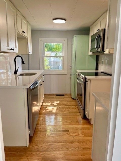 Interior, Kitchen, Pendant Lights, Stainless Steel Appliances, Wood Texture Flooring