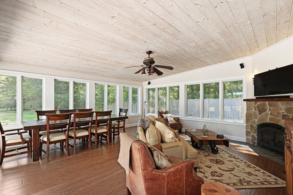Dining room, Fireplace, Interior, Living room, Wooden Ceilings, Wood Texture Flooring