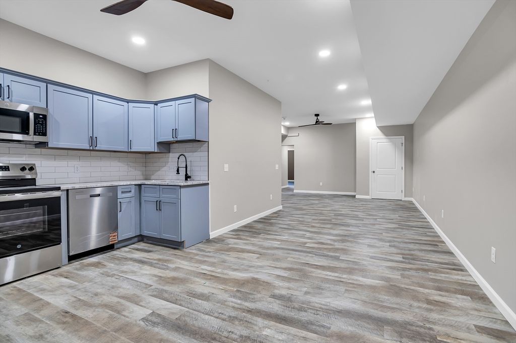 Interior, Kitchen, Recessed Lighting, Stainless Steel Appliances, Wood Texture Flooring