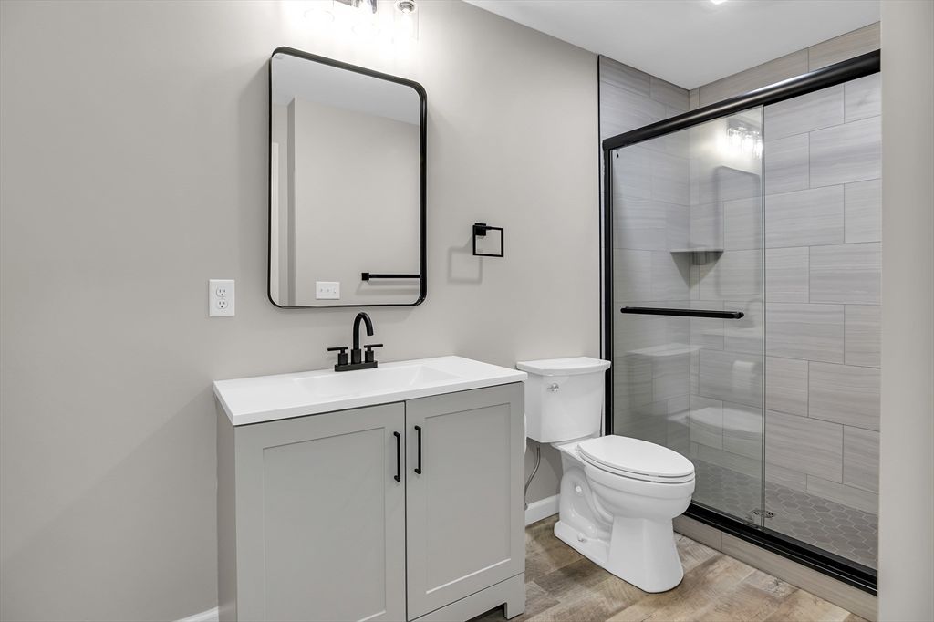 Bathroom, Glass Shower, Interior, Wood Texture Flooring