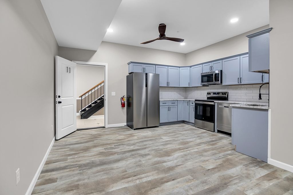 Interior, Kitchen, Recessed Lighting, Stainless Steel Appliances, Wood Texture Flooring