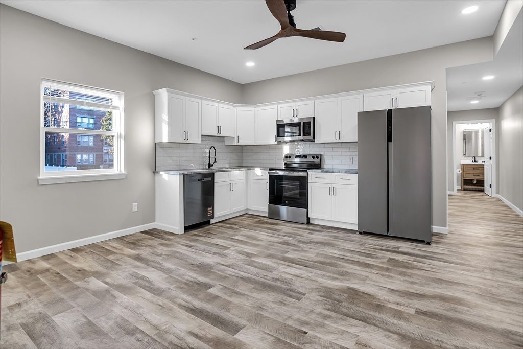 Interior, Kitchen, Recessed Lighting, Stainless Steel Appliances, Wood Texture Flooring