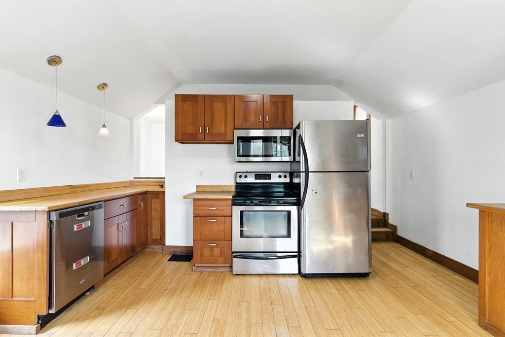 Interior, Kitchen, Pendant Lights, Stainless Steel Appliances, Wood Texture Flooring