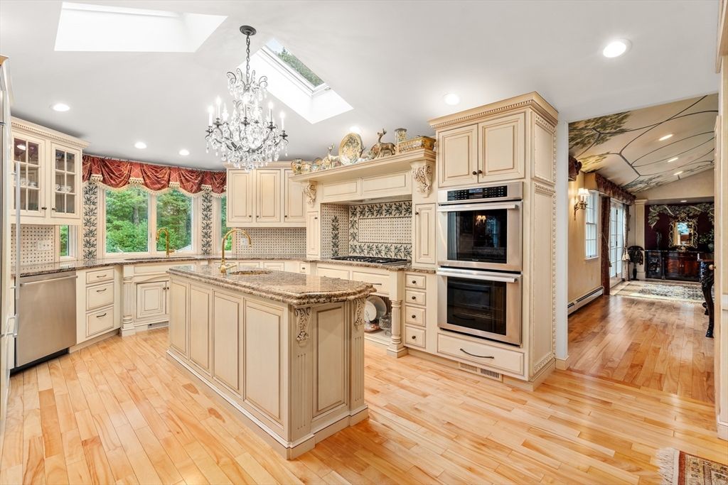 Chandelier, Interior, Kitchen, Recessed Lighting, Stainless Steel Appliances, Wood Texture Flooring