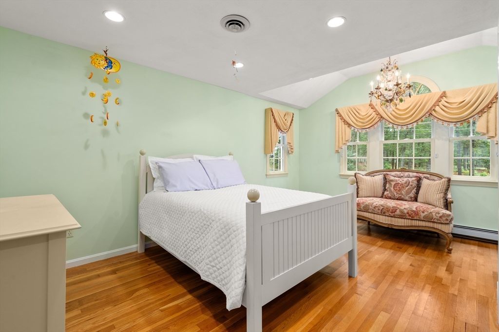 Bedroom, Chandelier, Interior, Recessed Lighting, Wood Texture Flooring