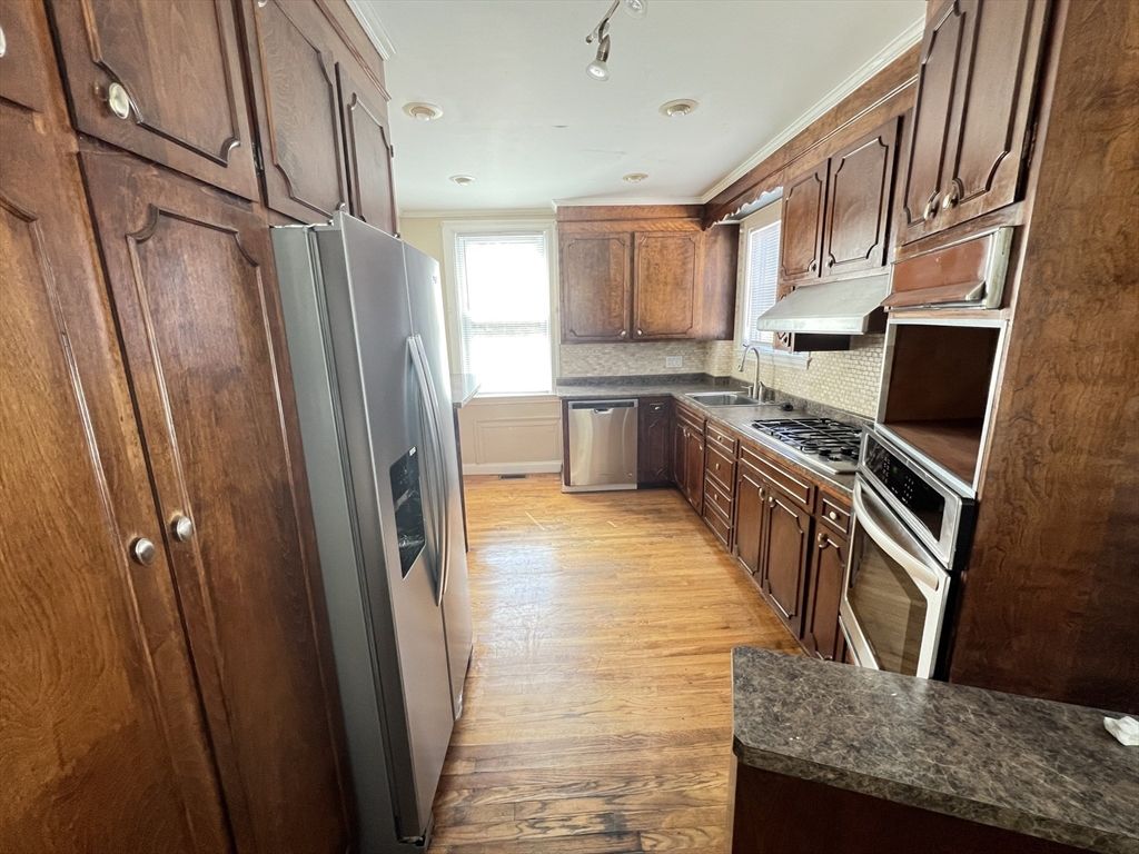 Interior, Kitchen, Recessed Lighting, Stainless Steel Appliances, Wood Texture Flooring