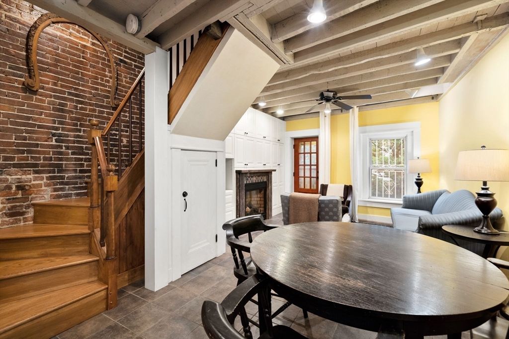 Dining room, Fireplace, Interior, Recessed Lighting, Stone Walls