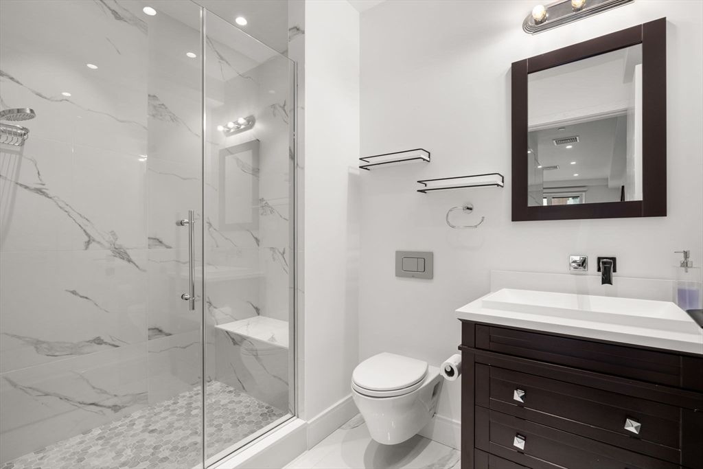 Bathroom, Glass Shower, Interior, Marble Walls, Recessed Lighting