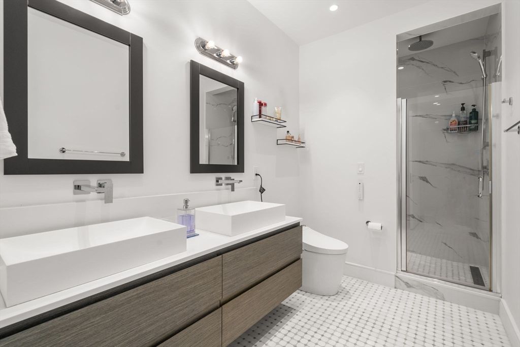 Bathroom, Glass Shower, Interior, Marble Walls, Recessed Lighting