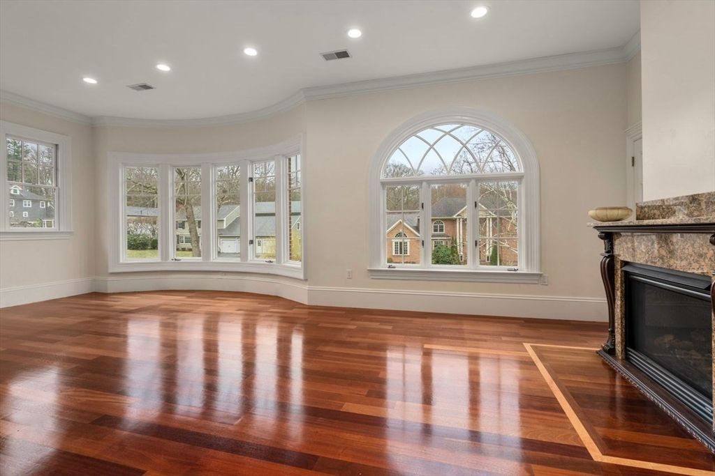 Empty room, Fireplace, Interior, Recessed Lighting, Wood Texture Flooring