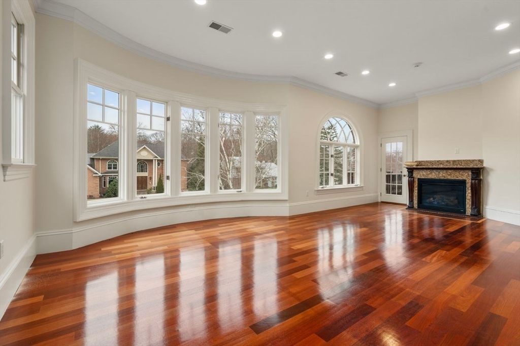 Empty room, Fireplace, Interior, Recessed Lighting, Wood Texture Flooring