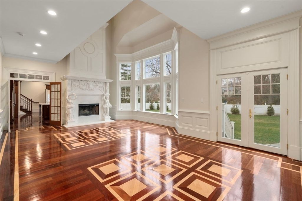 Empty room, Fireplace, Interior, Recessed Lighting, Wood Texture Flooring