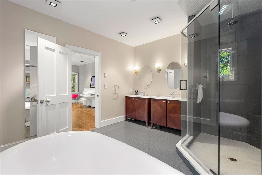 Bathroom, Dual Sink Vanities, Glass Shower, Interior, Wood Texture Flooring
