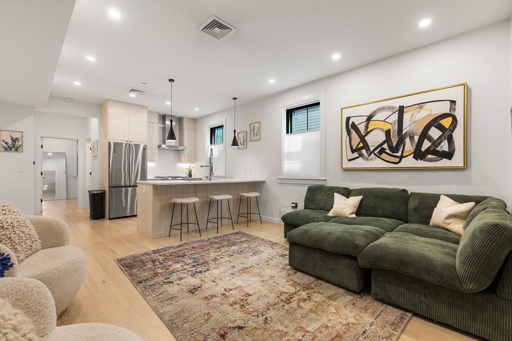 Interior, Kitchen, Living room, Pendant Lights, Recessed Lighting, Stainless Steel Appliances, Wood Texture Flooring