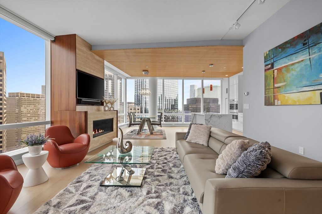 Dining room, Fireplace, Interior, Living room, Pendant Lights, Wooden Ceilings, Wood Texture Flooring