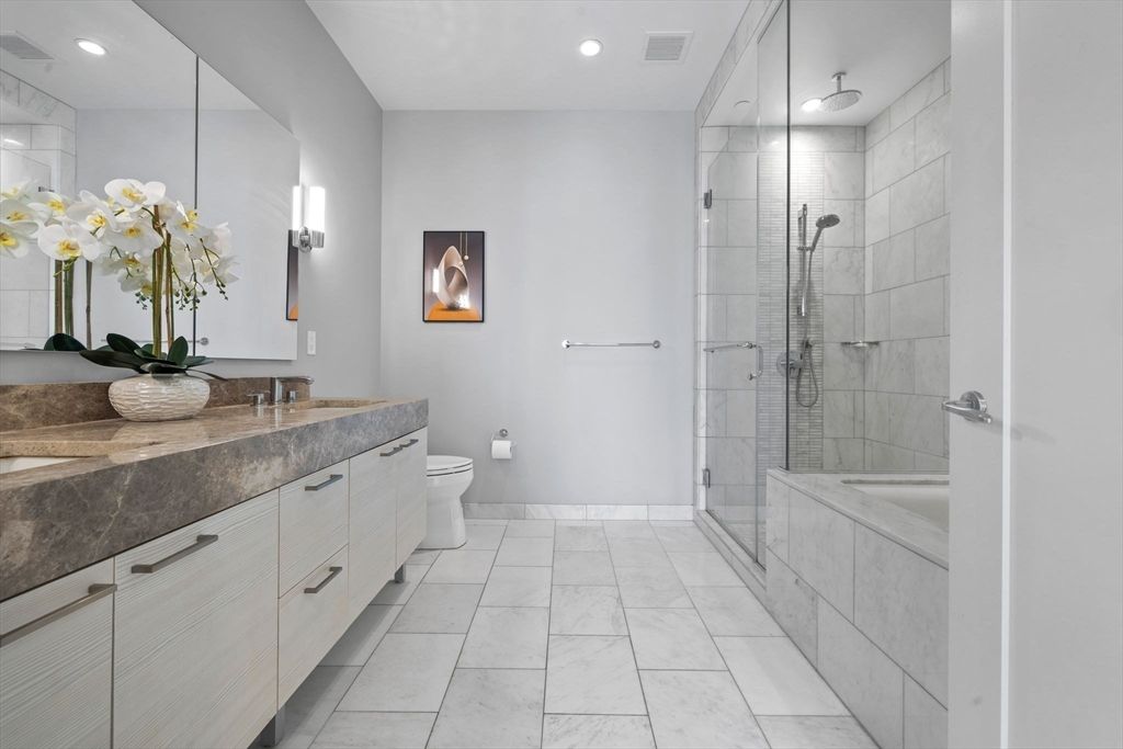 Bathroom, Dual Sink Vanities, Glass Shower, Interior, Marble, Recessed Lighting