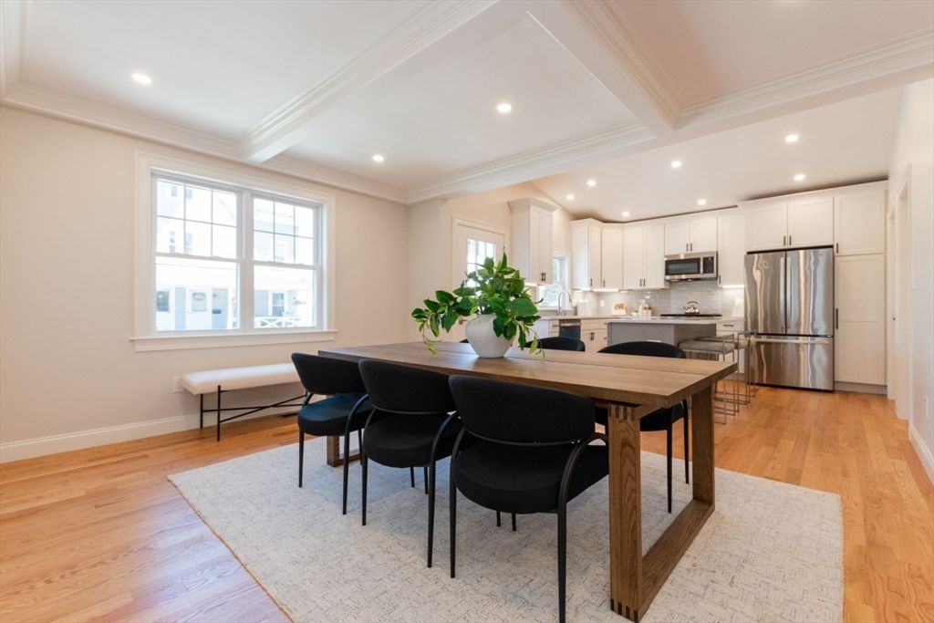 Dining room, Interior, Kitchen, Recessed Lighting, Stainless Steel Appliances, Wood Texture Flooring