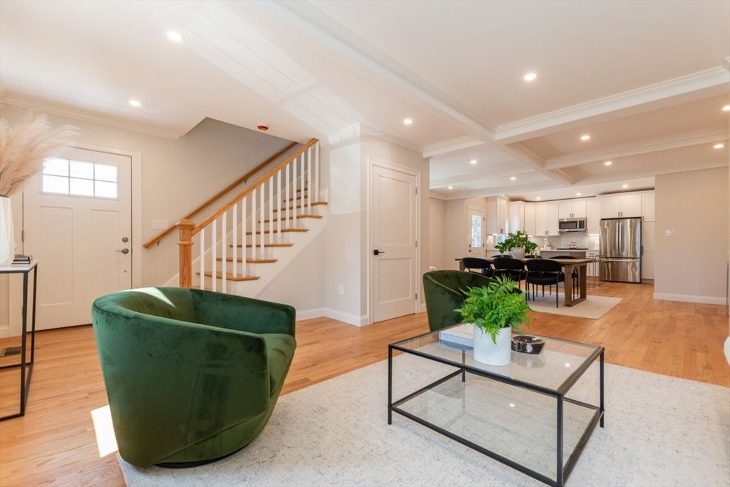 Dining room, Interior, Kitchen, Living room, Recessed Lighting, Stainless Steel Appliances, Wood Texture Flooring