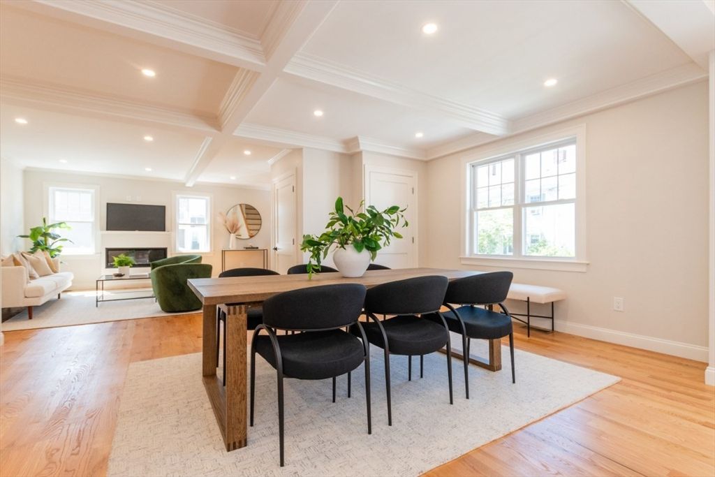 Dining room, Fireplace, Interior, Living room, Recessed Lighting, Wood Texture Flooring