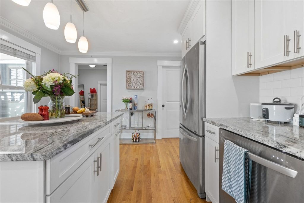 Interior, Kitchen, Pendant Lights, Recessed Lighting, Stainless Steel Appliances, Wood Texture Flooring