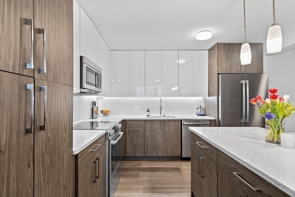 Interior, Kitchen, Pendant Lights, Stainless Steel Appliances, Wood Texture Flooring