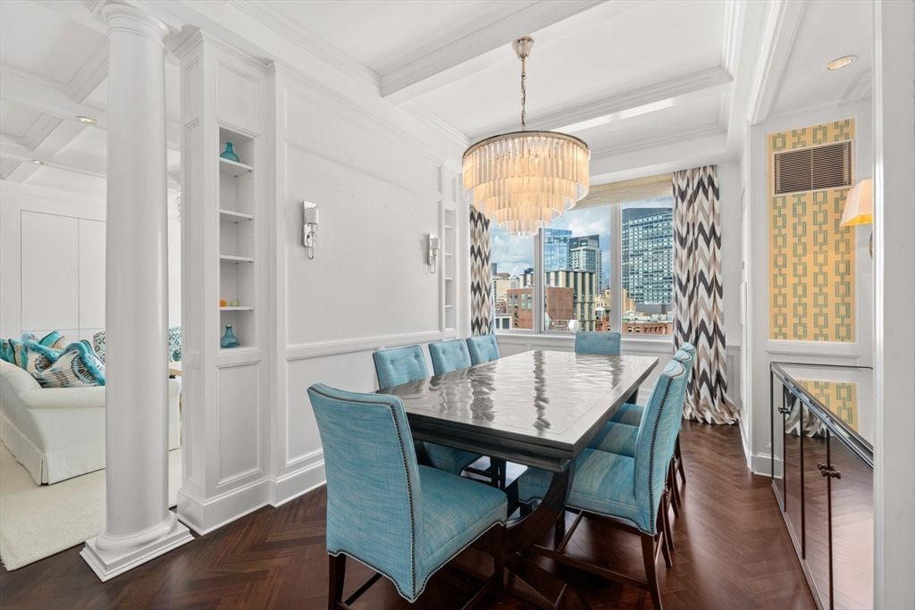 Chandelier, Dining room, Interior, Recessed Lighting, Wood Texture Flooring