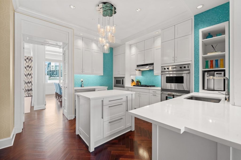 Chandelier, Interior, Kitchen, Pendant Lights, Recessed Lighting, Stainless Steel Appliances, Wood Texture Flooring