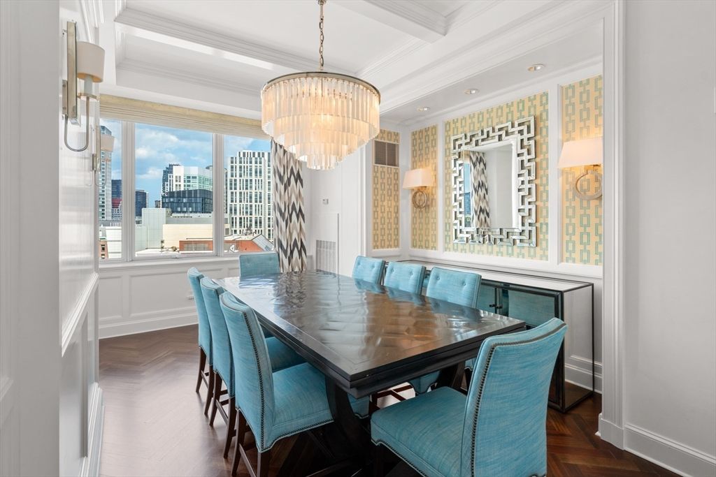 Chandelier, Dining room, Interior, Recessed Lighting, Wood Texture Flooring