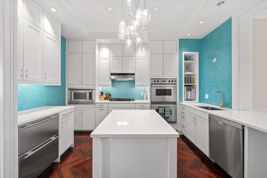 Interior, Kitchen, Pendant Lights, Recessed Lighting, Stainless Steel Appliances, Wood Texture Flooring