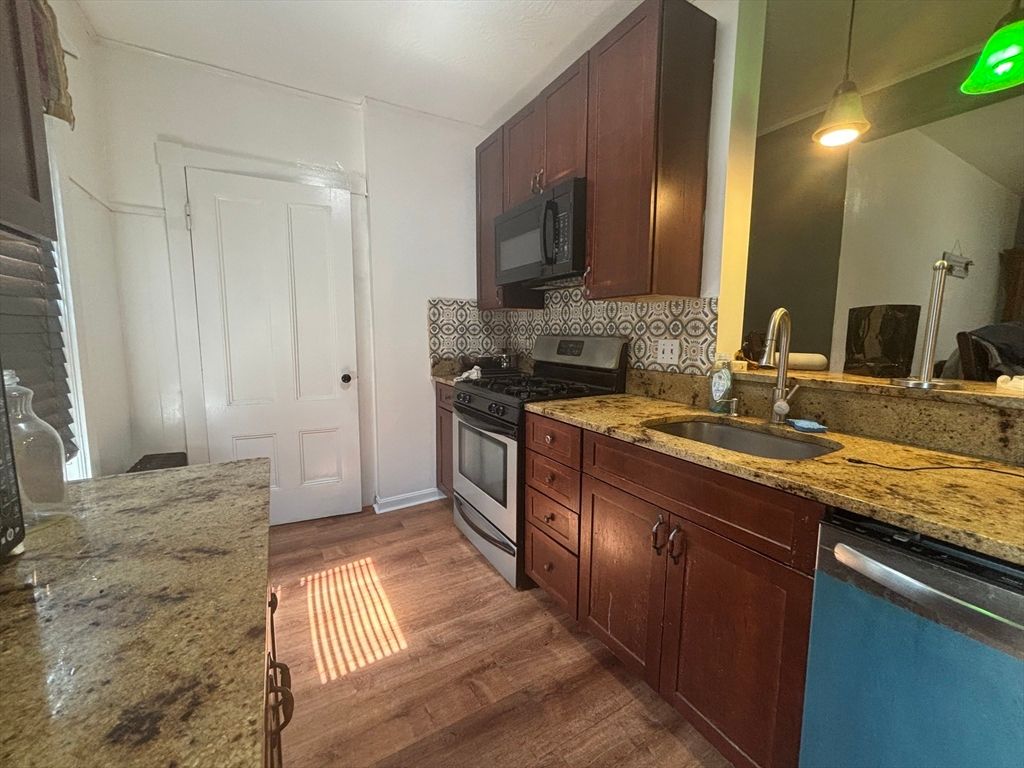 Interior, Kitchen, Pendant Lights, Stainless Steel Appliances, Wood Texture Flooring