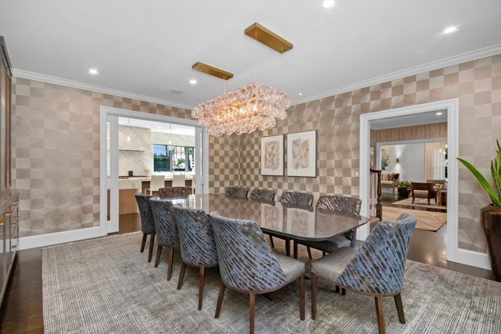 Chandelier, Dining room, Interior, Recessed Lighting, Wood Texture Flooring