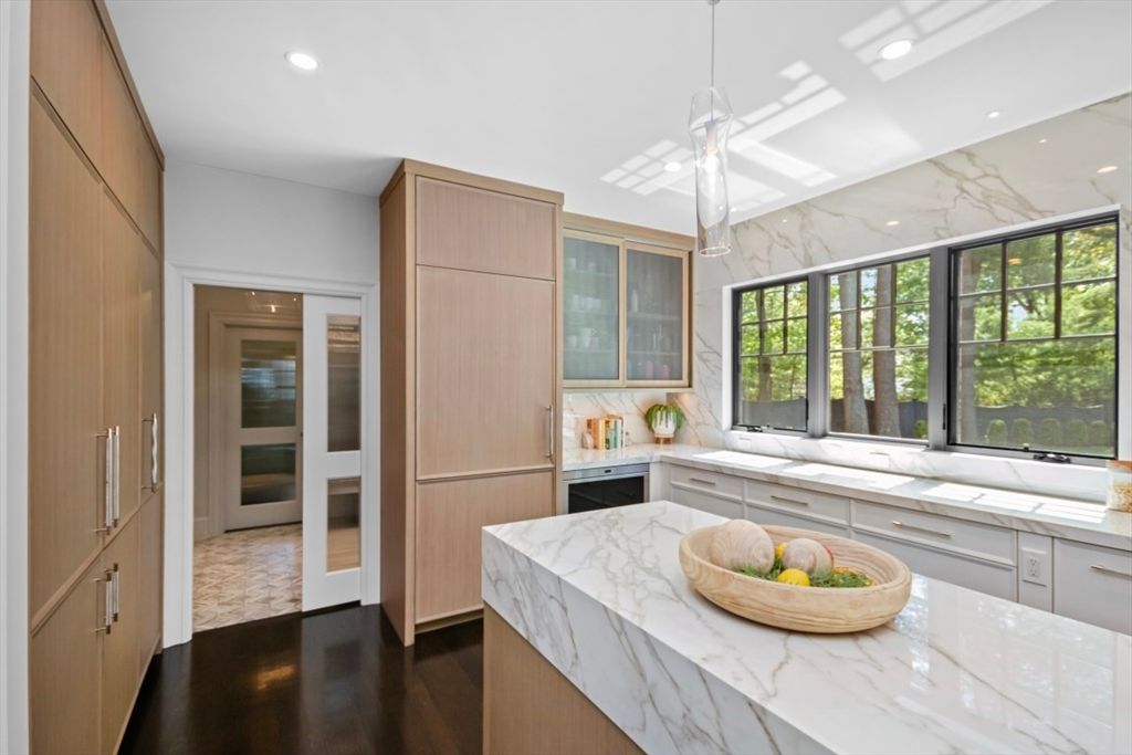 Interior, Kitchen, Marble Walls, Pendant Lights, Recessed Lighting, Wood Texture Flooring