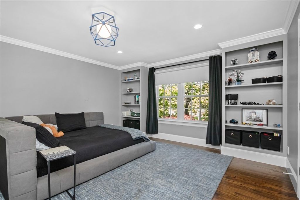 Bedroom, Interior, Pendant Lights, Recessed Lighting, Wood Texture Flooring