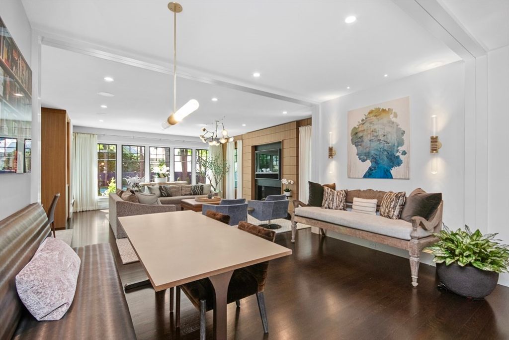 Dining room, Fireplace, Interior, Living room, Pendant Lights, Recessed Lighting, Wood Texture Flooring