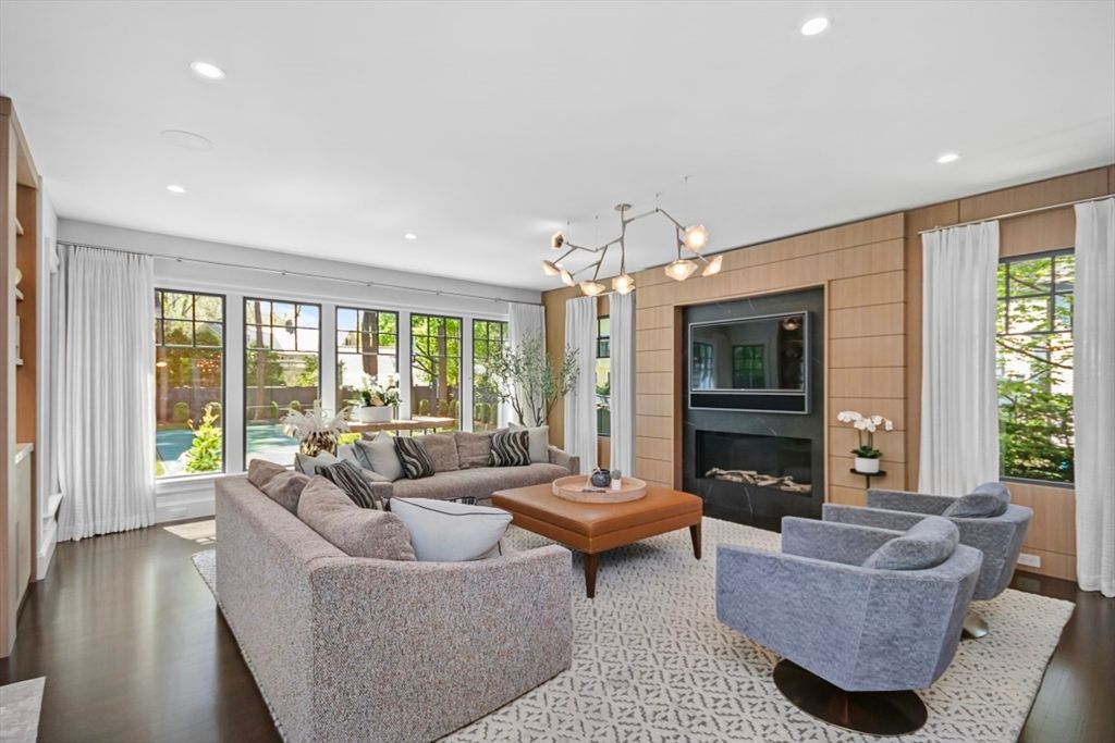 Fireplace, Interior, Living room, Recessed Lighting, Wood Texture Flooring, Wooden Walls