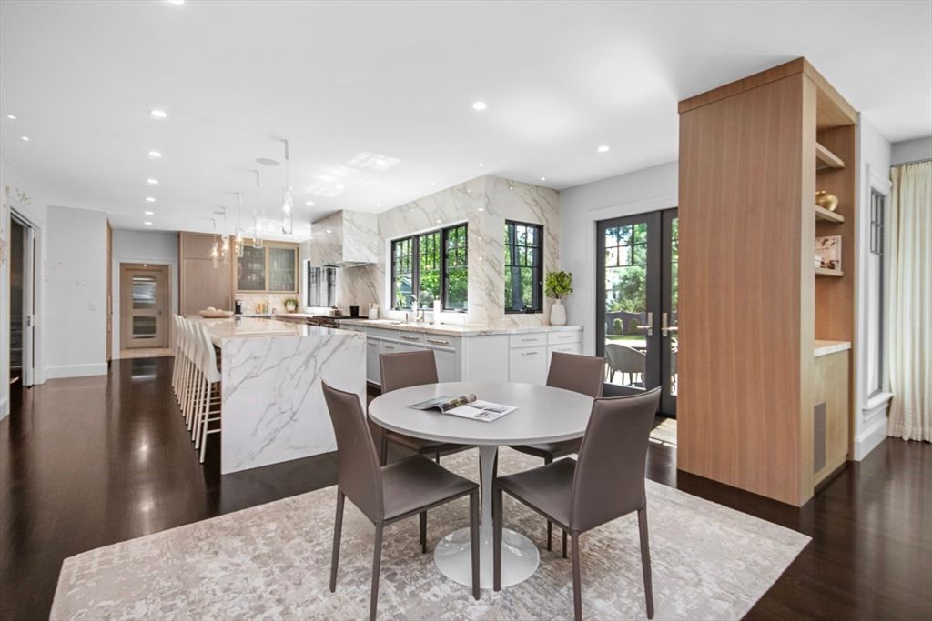 Dining room, Interior, Kitchen, Marble Walls, Pendant Lights, Recessed Lighting, Stainless Steel Appliances, Wood Texture Flooring