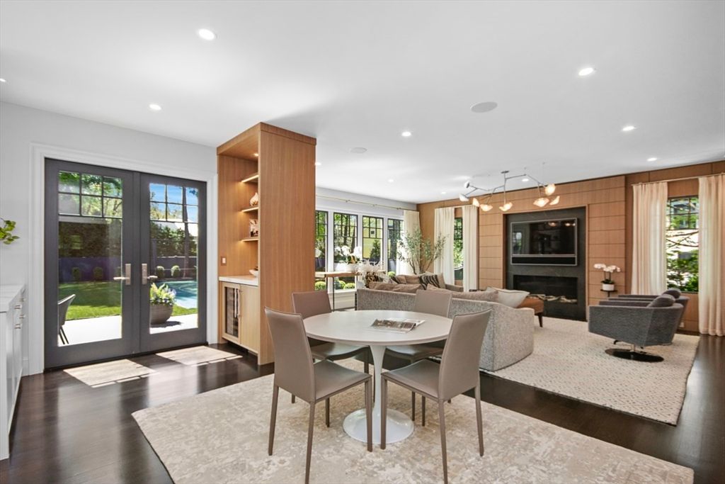 Dining room, Fireplace, Interior, Living room, Recessed Lighting, Wood Texture Flooring, Wooden Walls