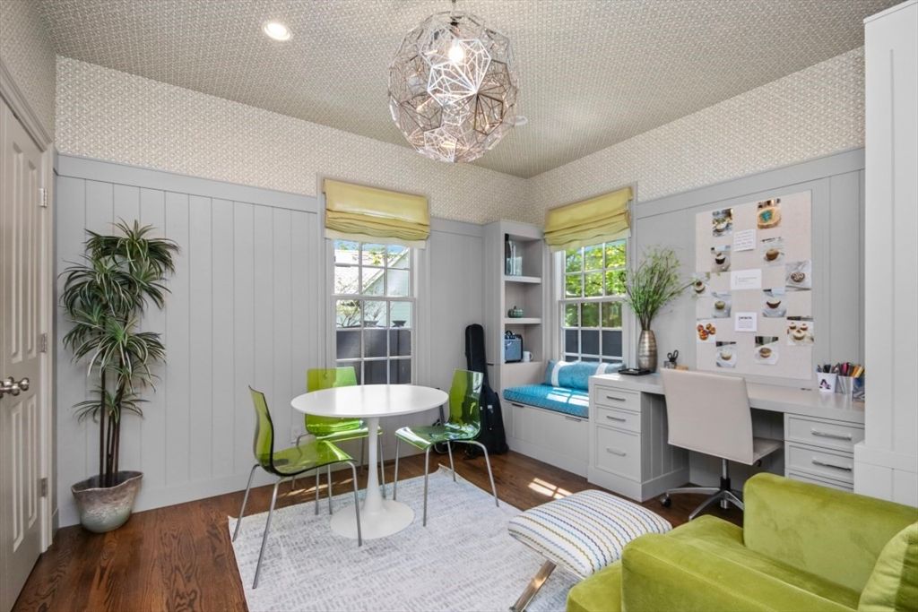 Chandelier, Home Office, Interior, Recessed Lighting, Wood Texture Flooring