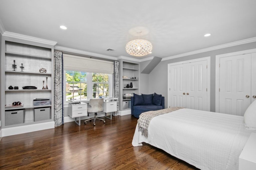 Bedroom, Chandelier, Home Office, Interior, Recessed Lighting, Wood Texture Flooring