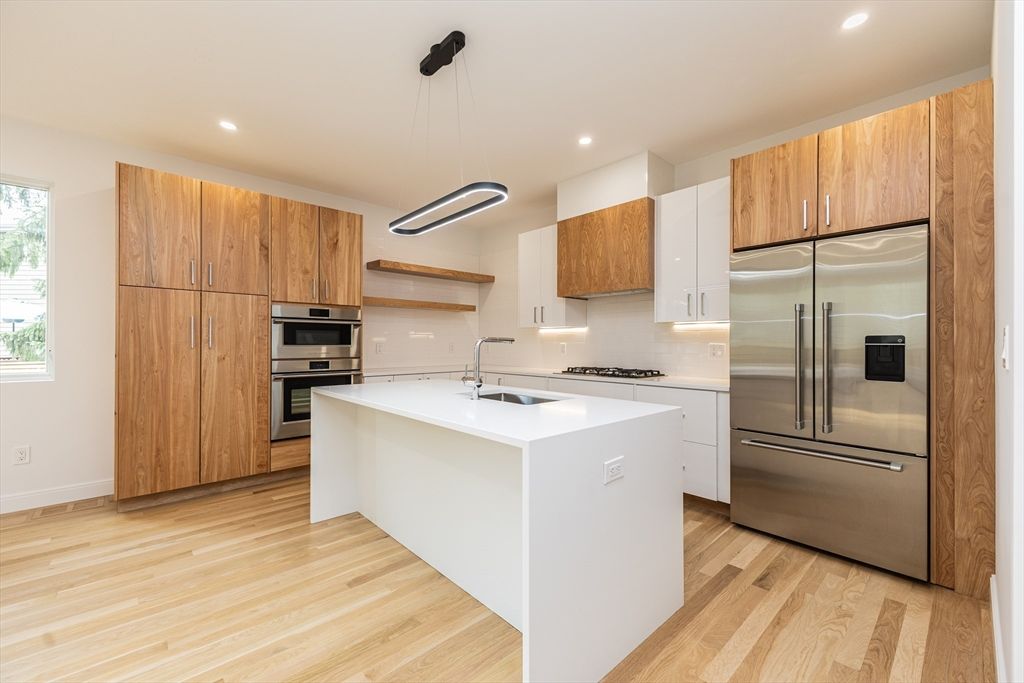 Interior, Kitchen, Pendant Lights, Recessed Lighting, Stainless Steel Appliances, Wood Texture Flooring