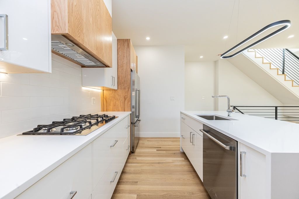Interior, Kitchen, Recessed Lighting, Stainless Steel Appliances, Wood Texture Flooring