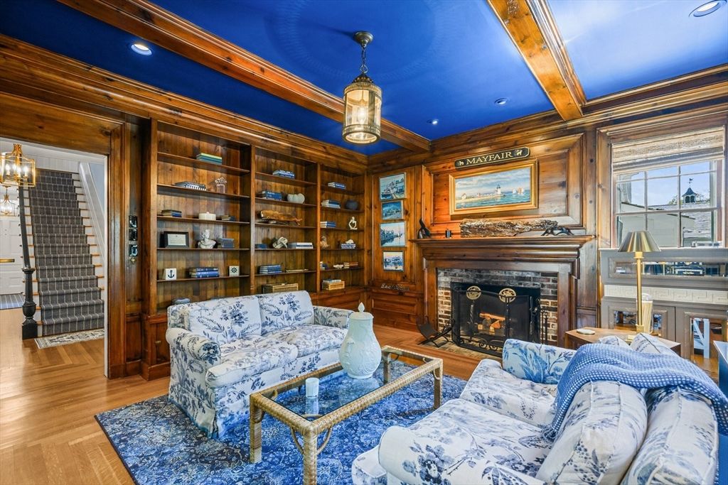 Fireplace, Interior, Living room, Recessed Lighting, Wooden Beams, Wood Texture Flooring, Wooden Walls