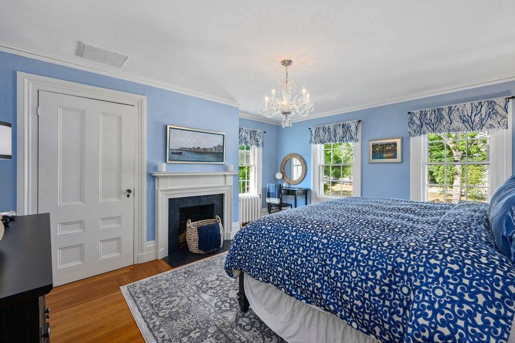 Bedroom, Chandelier, Fireplace, Interior, Wood Texture Flooring