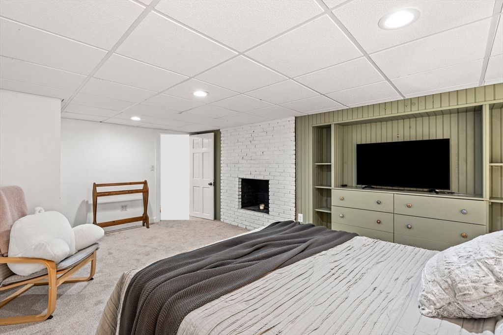 Bedroom, Fireplace, Interior, Recessed Lighting, Stone Walls